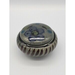 Tonala Mexico Lidded Trinket Dish Yellow Butterfies & Blue Flower Jewelry VTG